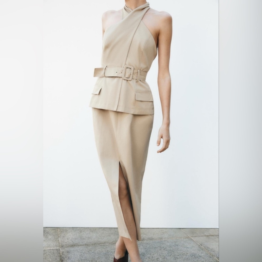 Zara Tan Sleeveless Dress with Belt